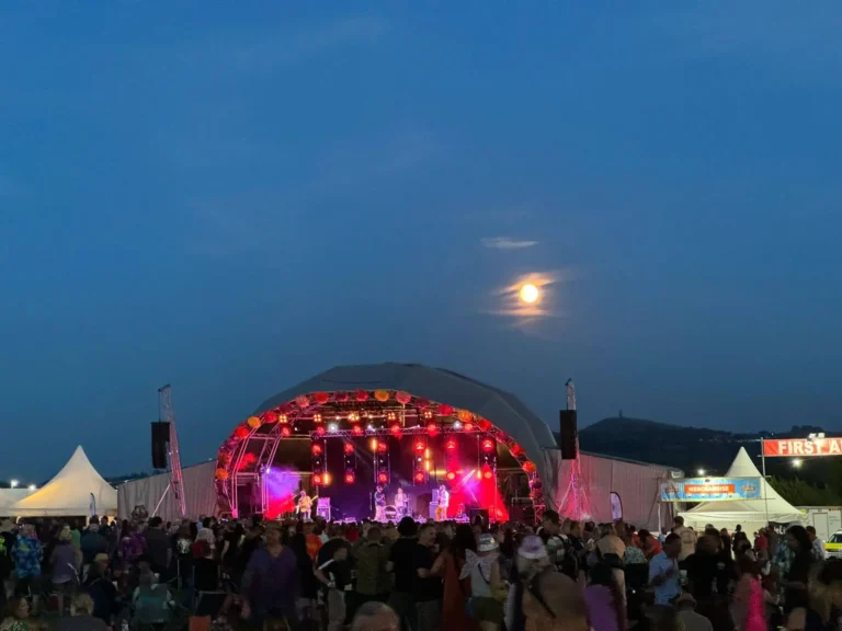 The Godney main stage with the moon in the background.